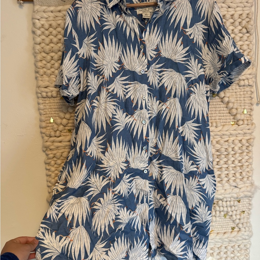 Blue Tropical 100% Linen Dress with pockets! - Picture 2 of 5